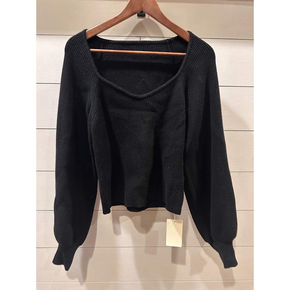 Halara Black Ribbed Sweetheart Neckline Balloon Sleeve Knit Sweater Medium NWT